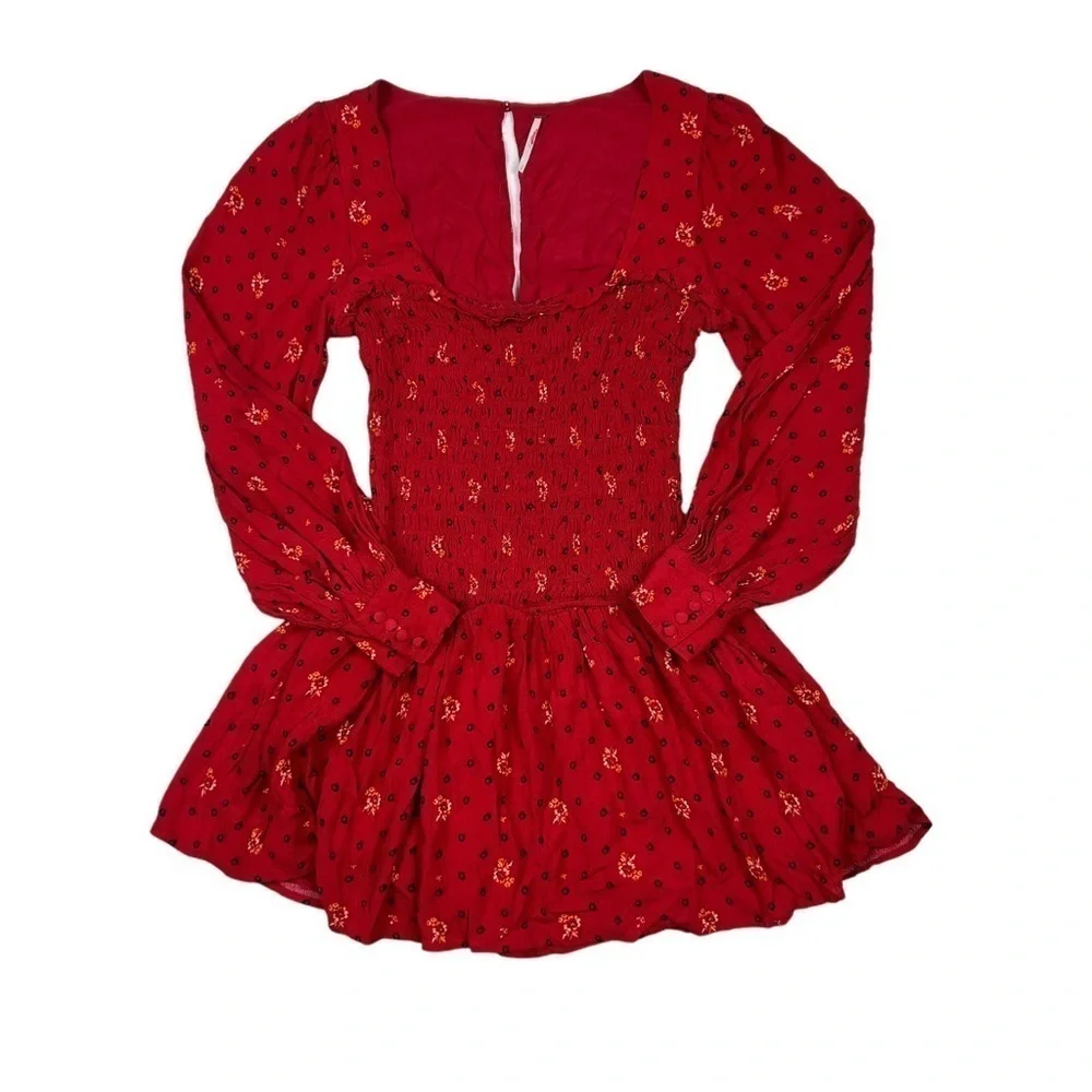 Free People Ruby Red Printed Long Sleeve Two Face Mini Dress